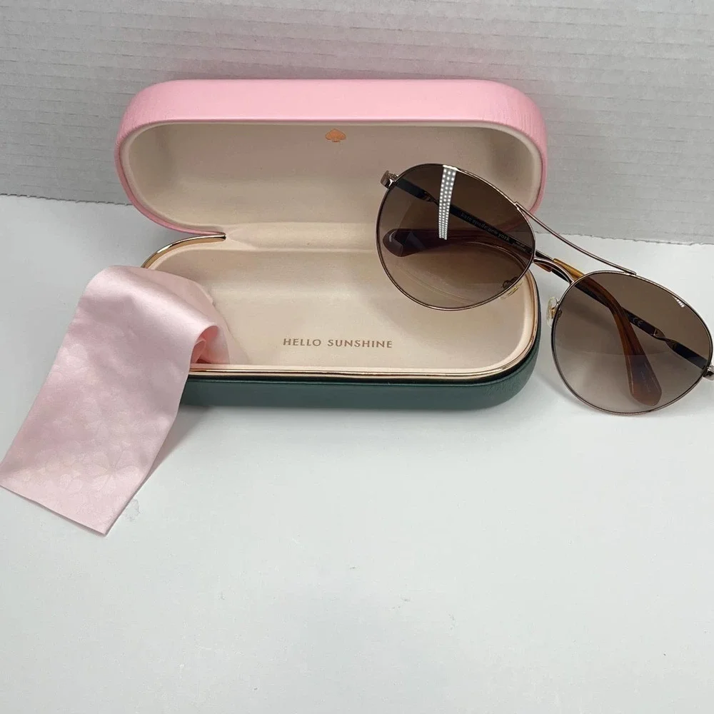 Kate Spade Timeless Chic Aviator UV Sunglasses Gold Brown w/ Pink Case